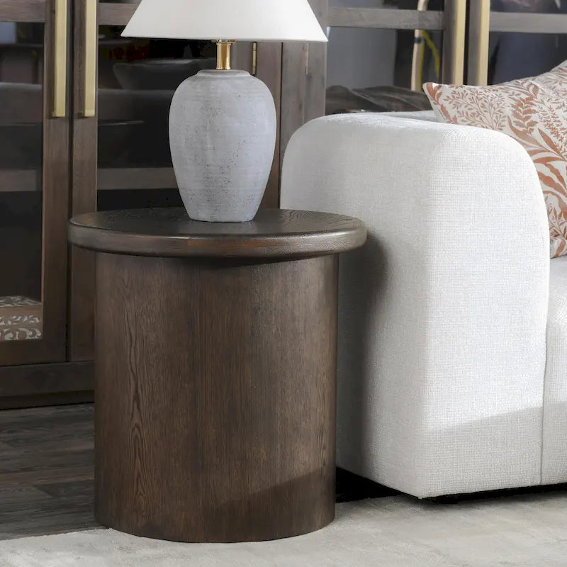Round Oak Veneer Coffee Brown Cylindrical Plinth Base Wood End Table