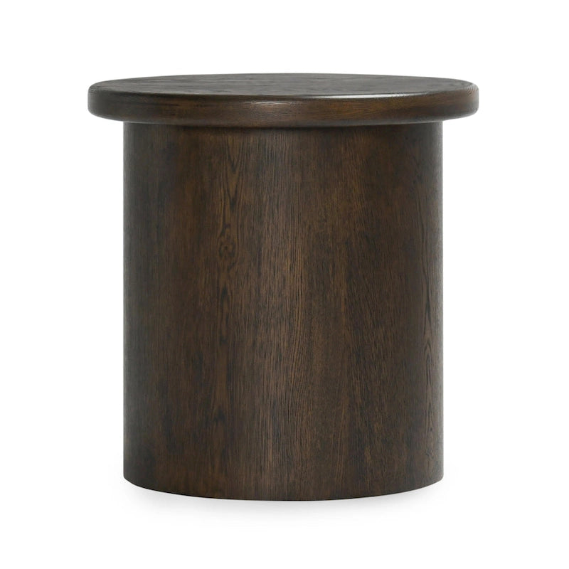 Round Oak Veneer Coffee Brown Cylindrical Plinth Base Wood End Table