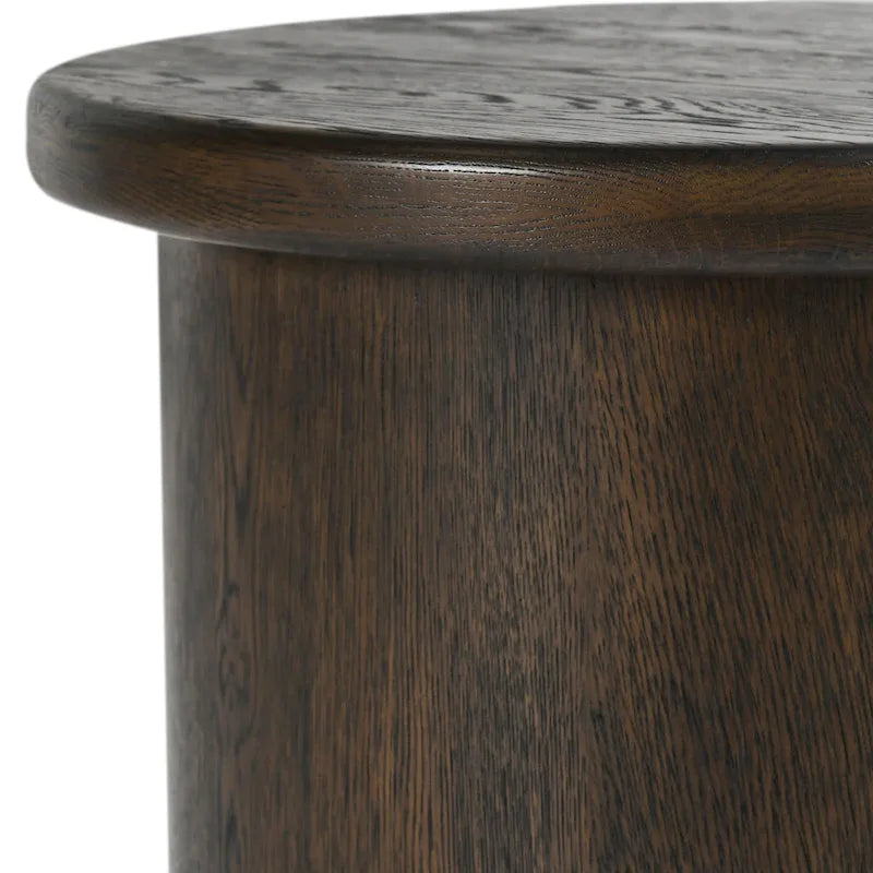 Round Oak Veneer Coffee Brown Cylindrical Plinth Base Wood End Table