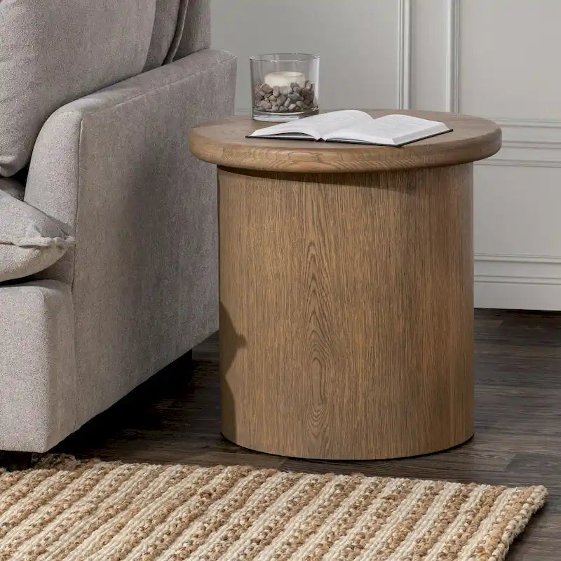 Round Oak Veneer Coffee Brown Cylindrical Plinth Base Wood End Table