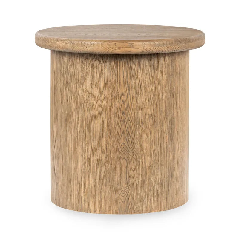 Round Oak Veneer Coffee Brown Cylindrical Plinth Base Wood End Table
