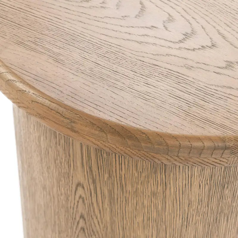 Round Oak Veneer Coffee Brown Cylindrical Plinth Base Wood End Table