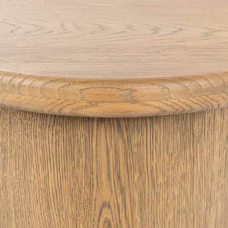 Round Oak Veneer Coffee Brown Cylindrical Plinth Base Wood End Table