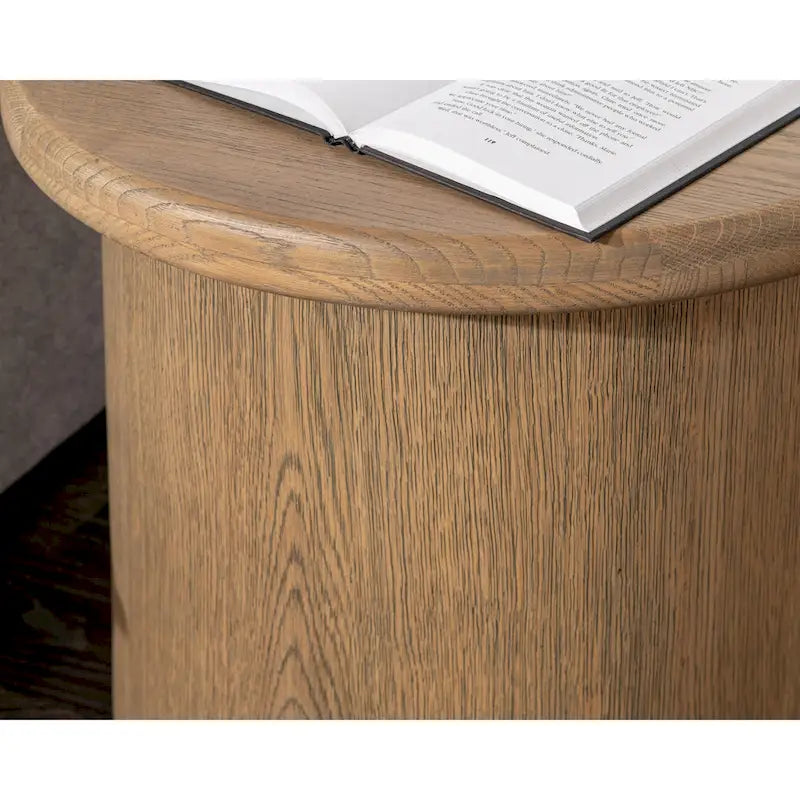 Round Oak Veneer Coffee Brown Cylindrical Plinth Base Wood End Table